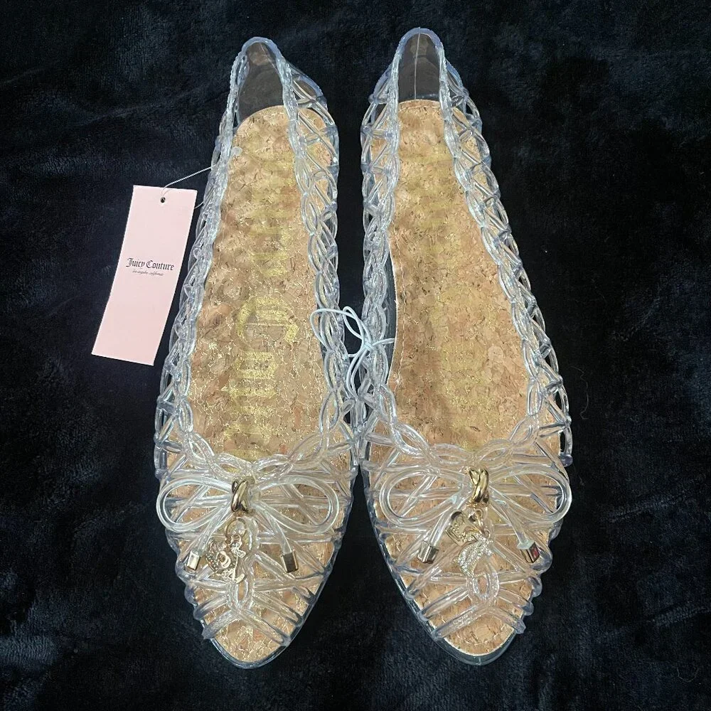 Juicy Couture Clear Jelly Flats Bow Charm Cork Size 7 NWT - Picture 2 of 7